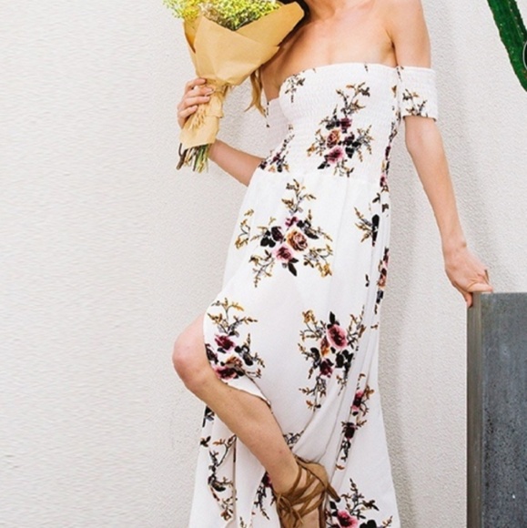 Last oneπHPπWHITE FLORAL OFF THE SHOULDER MAXI - Picture 2 of 5